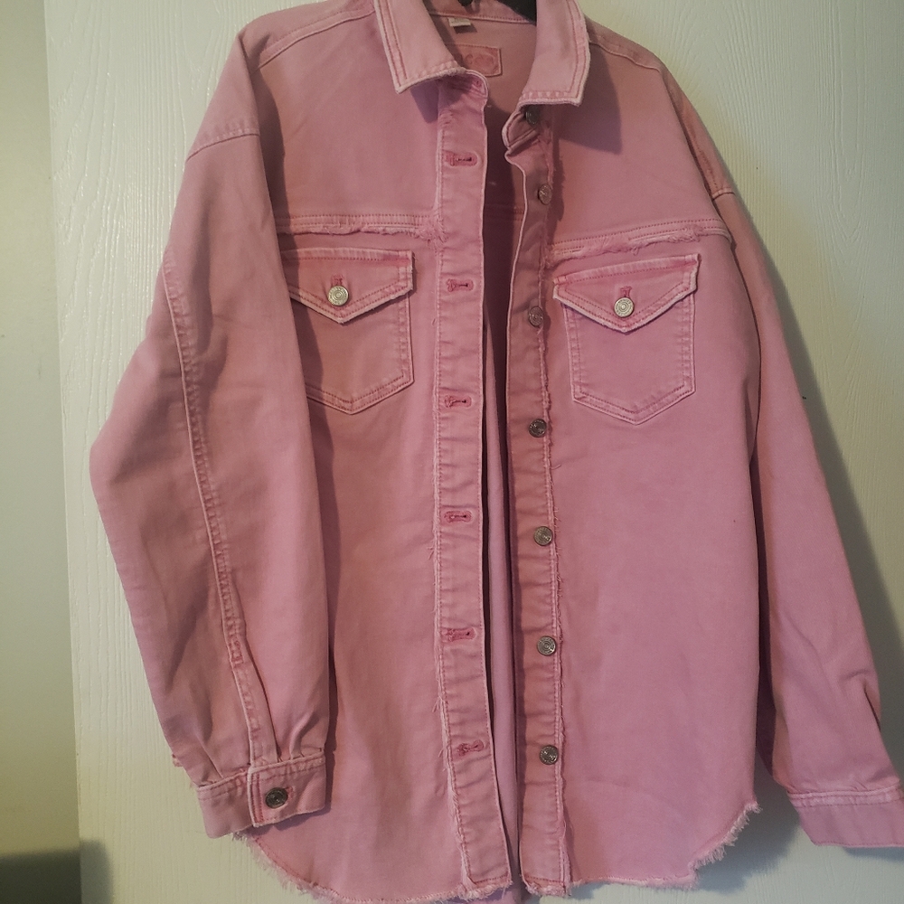 Maurices Ladies Size XS Pink Oversized Distressed Denim  Jacket